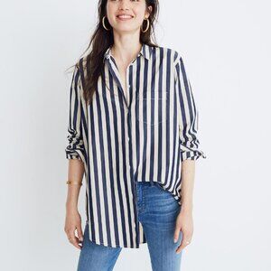 Madewell Hampden Tomboy Stripe Tunic Button Down Shirt Blouse in Blue & Cream S